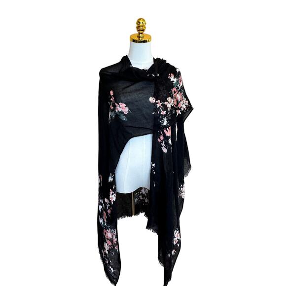 Black Floral Kimono ONE SIZE Open Coverup Boho Resort Vacation Scarf - Picture 5 of 6